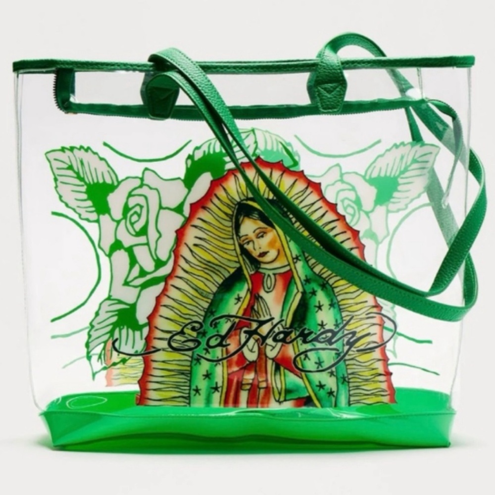 Ed Hardy Green Virgin Mary Tote Bag with Pouch Retails:$159 NWT